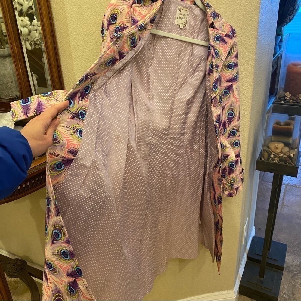 Vintage NANETTE LEPORE Women Colorful Peacock Feather Print Trench Coat Size 4 - Picture 3 of 9